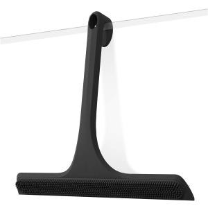 2-in-1 Silicone Shower Squeegee with Hook,Dual-Sided Design with Scraper & Scrub Surface,Rust-Proof Stainless Core,Streak-Free Bathroom Squeegee for Glass Doors,Mirrors,Windows,Car Windshields (Black)