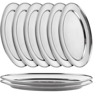 AKOLAFE 8PCS Large Stainless Steel Sizzle Platter Food Serving Trays for Party Buffet Oval Serving Platter Set Decorative Silver Plates Metal Tray Long Sizzler Plates for Sushi Appetizer Table Dish