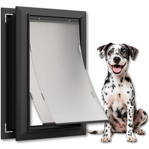 Aluminum Large Dog Door for Exterior Doors, Lockable Panel Included, Cutout Size 12.2''W x 18''H, Heavy Duty Magnetic Double Flap for Extreme Weather, Energy-Efficient, Easy to Assemble, Black (L)