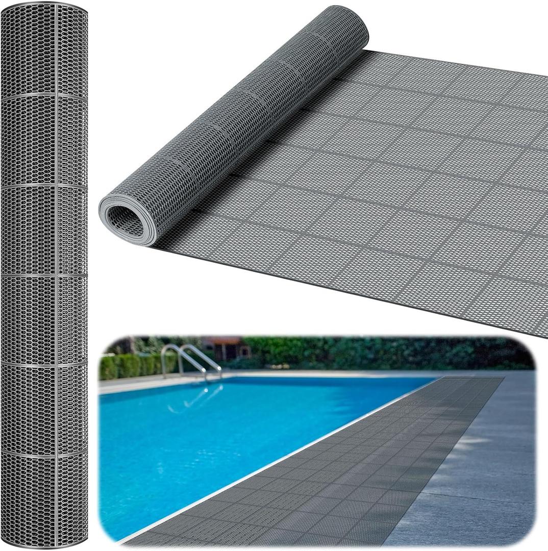 Tondiamo Pool Mat Non Slip Drainage Mats Swimming Pool Floor Deck Mats Rugs PVC Splash Mesh Hollow Doormat Roll for Outdoor Indoor Patio Restaurant Garage Kitchen Bathroom Safety(1.5 x 20 ft,Grey)