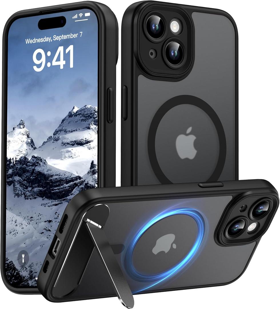 Magnetic Compatible with iPhone 15 Case, [Built-in Invisible Kickstand][Compatible with MagSafe][Full Camera Protection] Translucent Matte Phone Case for iPhone 15 6.1" Black