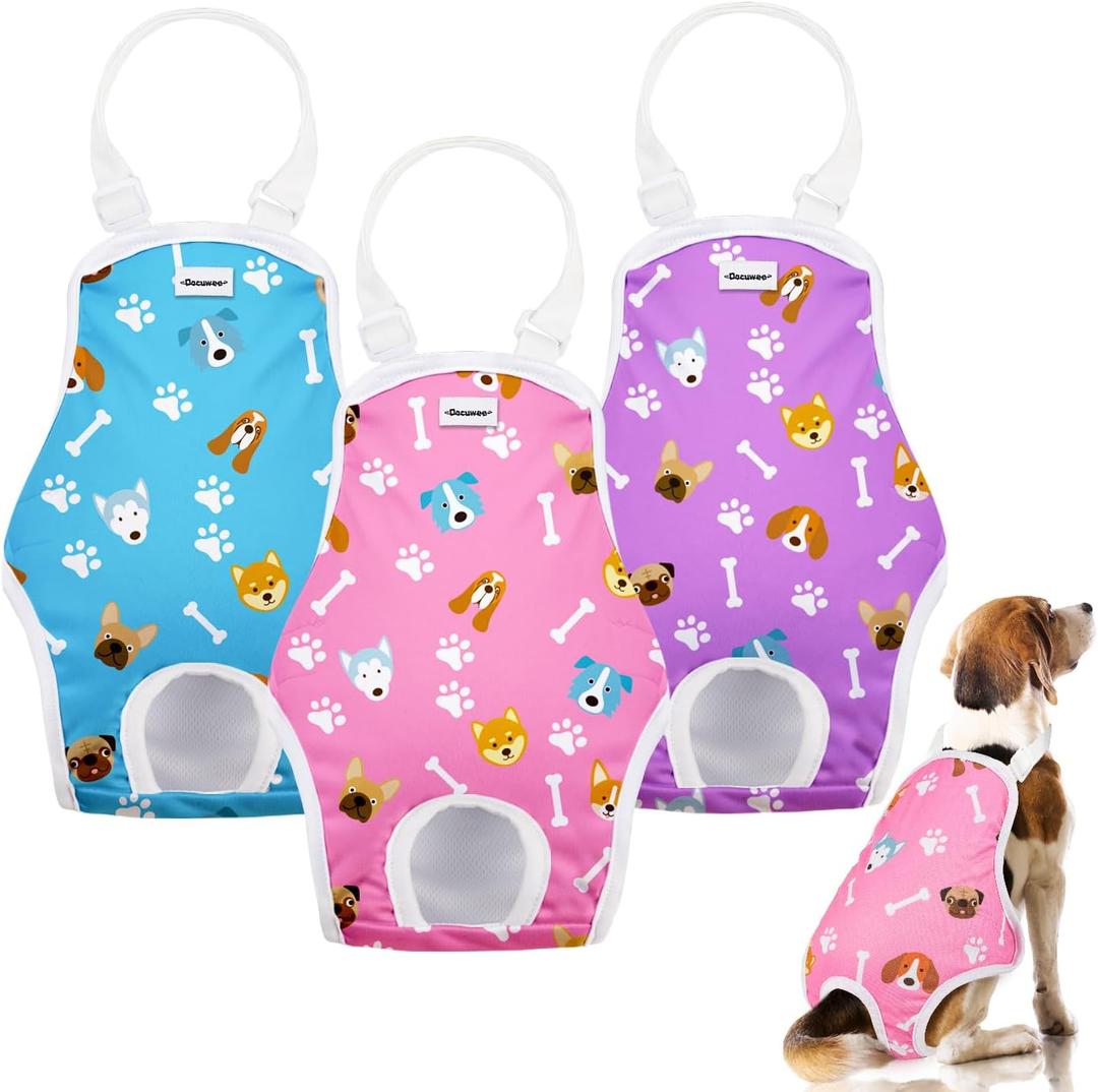 Dog Diapers Sanitary Panties with Adjustable Suspender 3 Pack Washable Reusable Dog Period Panties Pet Underwear Diaper Jumpsuits for Female Dogs in Heat Period, Cute Dog Paw Pattern, L