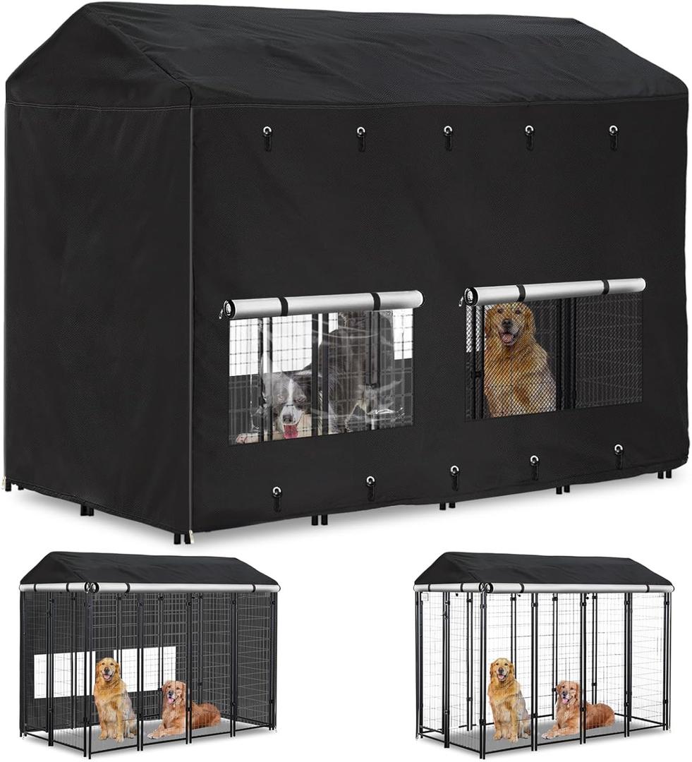 Outdoor Dog Kennel Cover 8'Dx4'Wx6'H Full Coverage Windproof Anti-UV.with Transparent PVC Window and Breathable Mesh.Waterproof Dog Kennel Cover for Multiple Brands of Dog Kennels, Cover Only (Black)