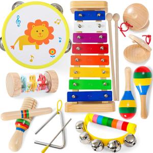 Baby Musical Instruments  Xylophone for Toddlers 1-3, Toddler Gifts Wooden Rainbow Colors Kids Montessori Musical Instruments Set with Tambourine for Baby Girls Boys Birthday Gifts