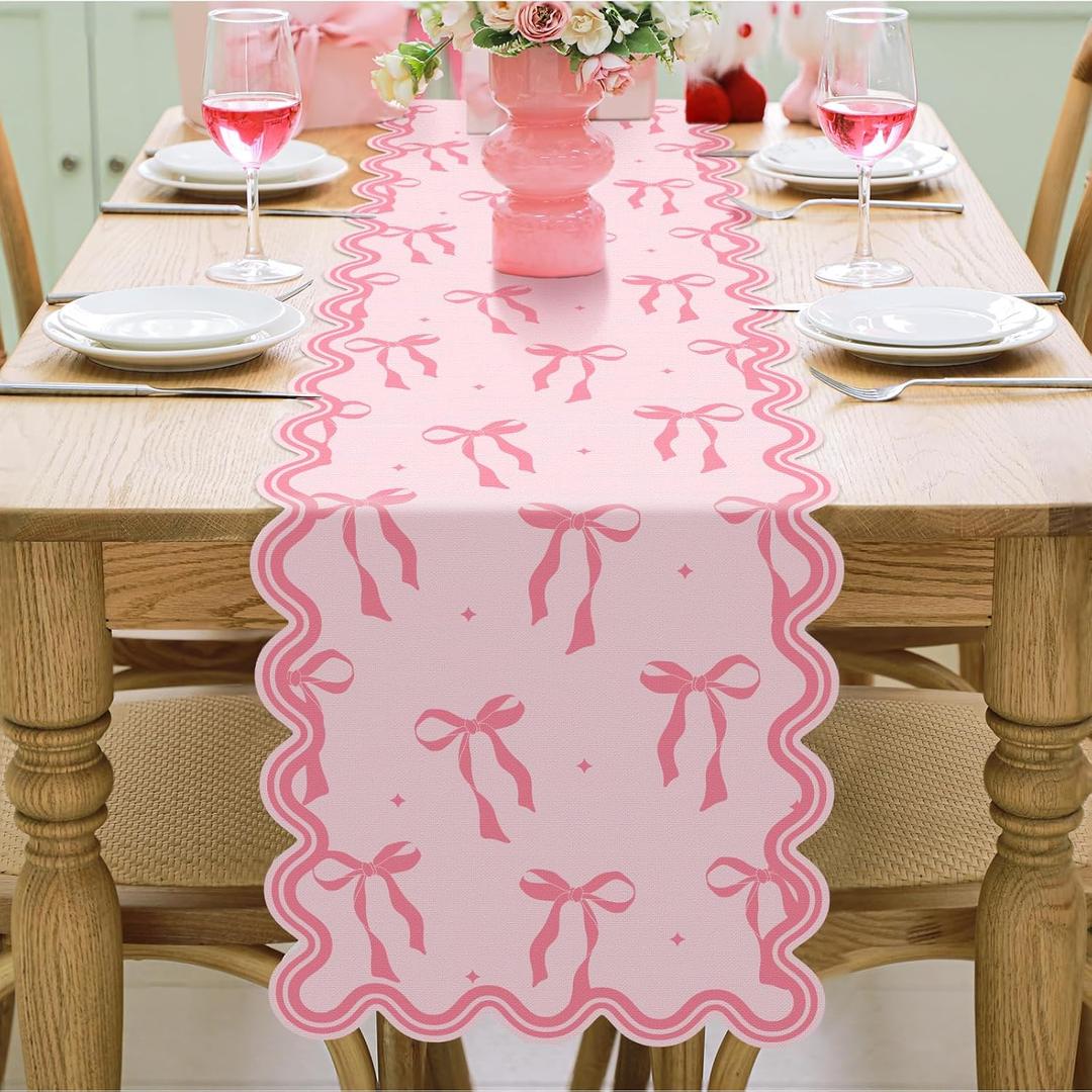 Pink Bow Table Runner 72 Inches Cute Heart Linen Fabric Scalloped Table Runner Coquette Dining Decor for Birthday Baby Shower Party Valentine's Home Decor(Bow B)