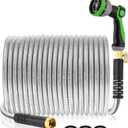 Metal Garden Hose 200Ft Stainless Steel Water Hose Heavy Duty with 10 Way Nozzle-Flexible Lightweight Durable No Kink & TangleStrong 3/4 Solid Metal Fitting Shut-Off Valve for Outdoor Yard (Silver)