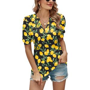 Romanstii Women Casual V-Neck T-Shirts Loose Puff Short Sleeve Tops Tunic Blouses (Small, Black & Lemon Pattern)