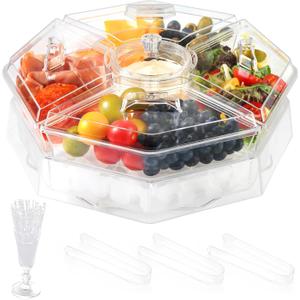 Rotating Serving Tray with Lid with 5 Removable Compartment, Plastic Chilled Veggie Platter,Cold Food Buffet Server for Fruit, Vegetable, Appetizer, Shrimp,Clear Organizer Tray Platter