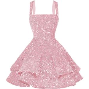 Women's Short Scoop Neck Sequin Homecoming Dresses Sparkly Sweet 16 Photo Tiered Short Cocktail Party Gown DE237 (8, Light Pink)