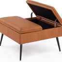 Square Ottoman with Storage, Large Oversized Ottoman Coffee Table, Double Flipping Lid & Mid-Century Modern & Faux Leather Style, Loads 660 lb, for Living Room, Bedroom, Entryway, Cognac Brown