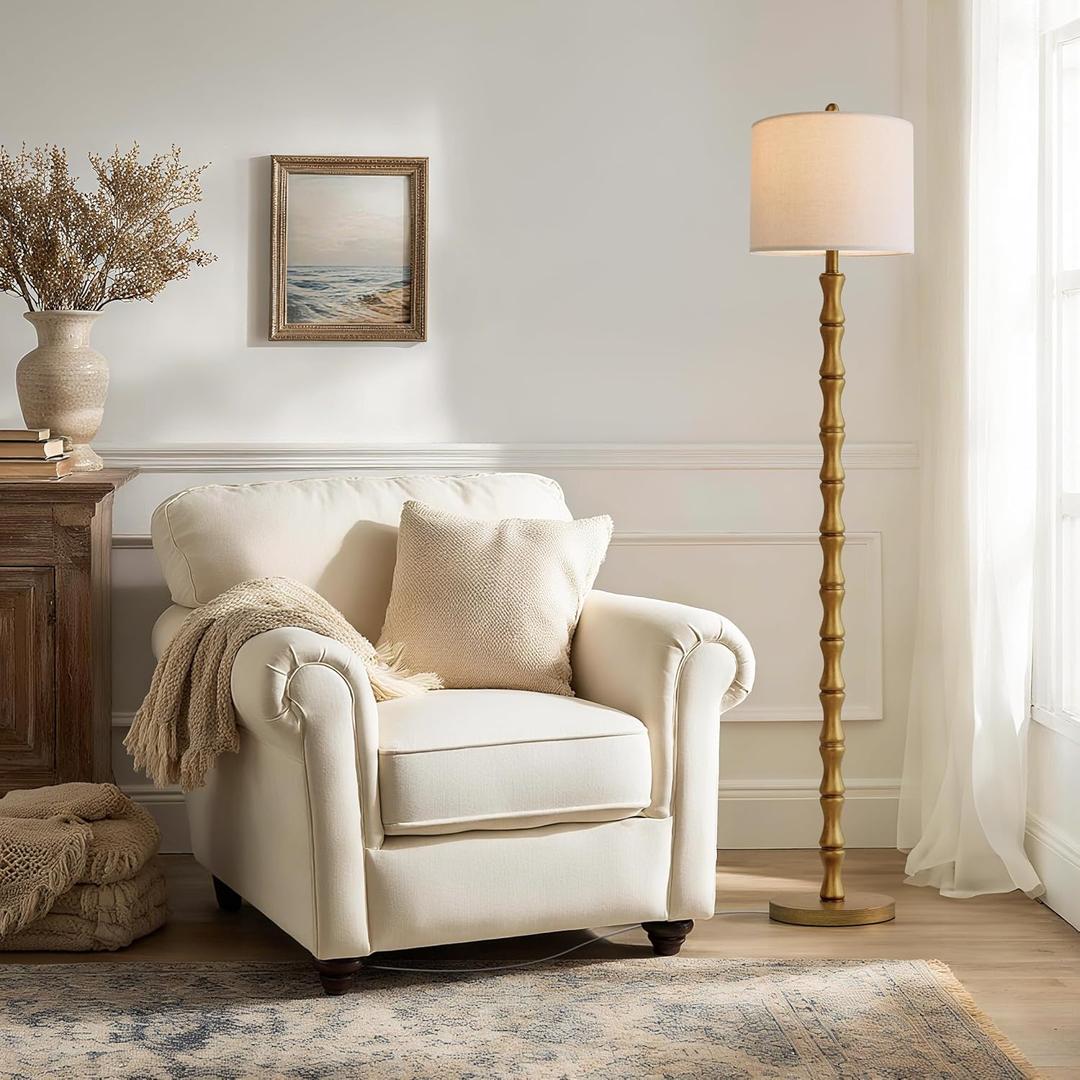 BOBOMOMO 62" Rustic Floor Lamp, Retro Farmhouse Standing Lamp with Rotary Switch, Resin Antique Gold Floor Lamp for Living Room, Bedroom, Dining Room, Nursery, Elegant Home Dcor