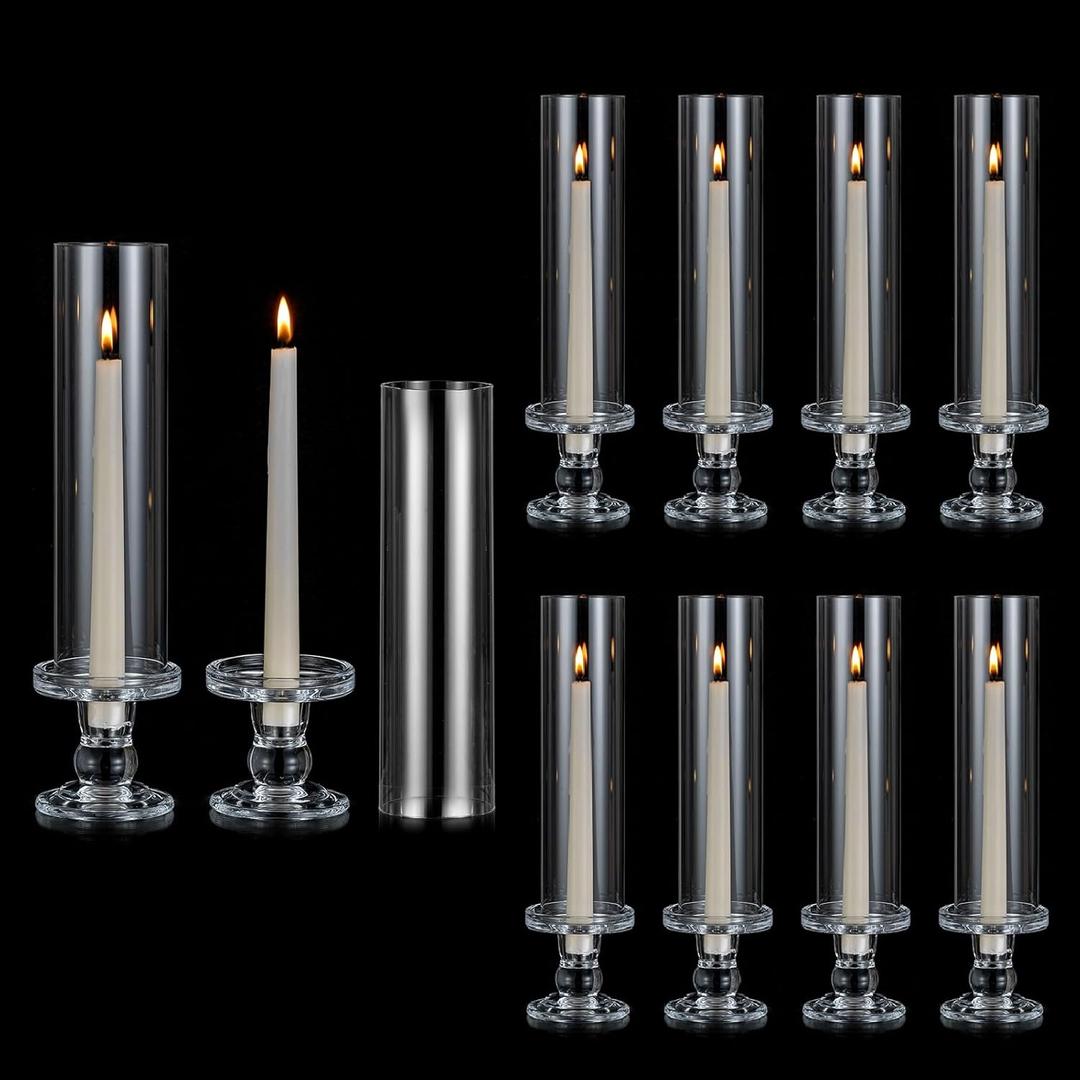 NUPTIO Hurricane Candle Holder for Wedding: Set of 10 Glass Taper Candle Stick Holders with Bottomless Shade - Bulk Windproof Candlestick Stand for Christmas Holiday Table Decor
