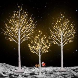 3 Pack 4FT 5FT and 6FT 300LED Christmas Lighted Birch Tree, Timer Function Prelit Artificial Tree Lamp Plug in with Warm White Lights, Twinkling Twig Trees for Indoor Outdoor Christmas Decorations