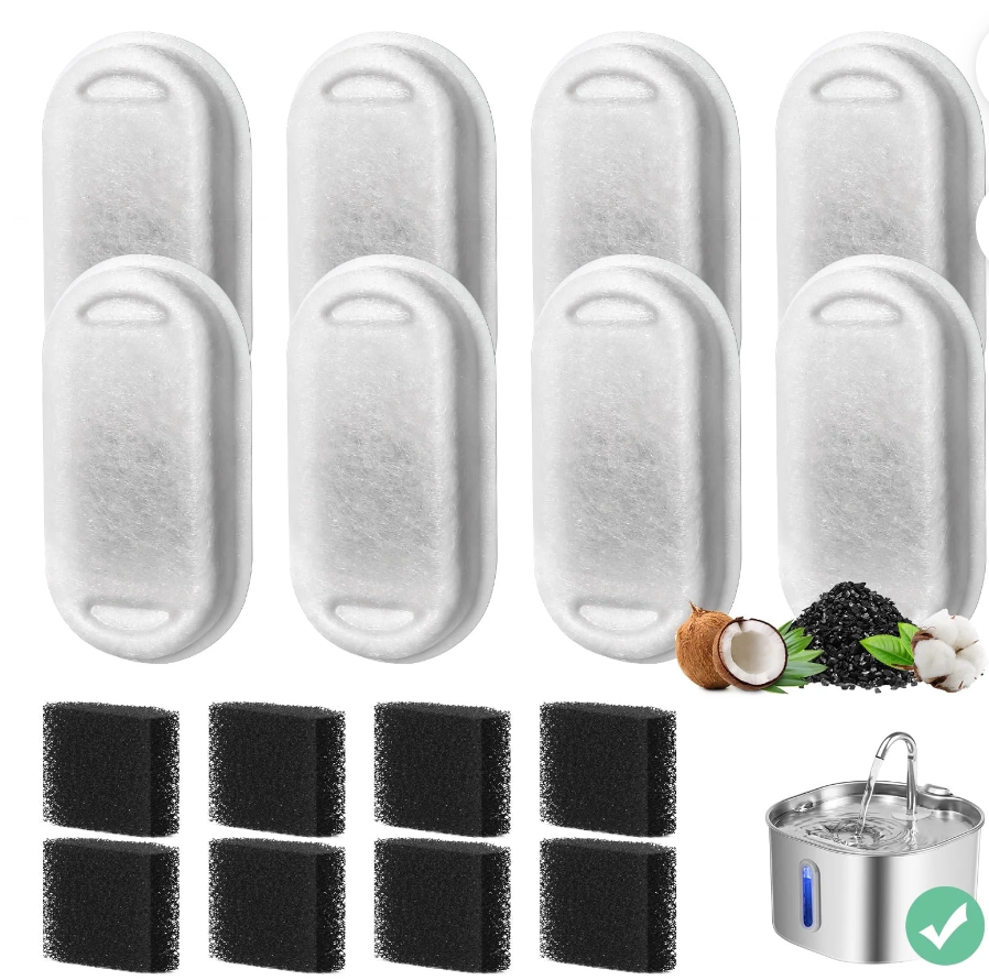 8-Pack Cat Water Fountain Filters with Pump Sponges — Activated Carbon, Ion-Exchange Resin & Cotton Mesh Replacement Filters for Pet Drinking Fountain Pack of 2