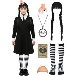 DIYLN 7pcs Girls Halloween Costume Kids Black Dress with Wig Necklace Socks Accessories (150 (11-12 Years), Black Style 1)
