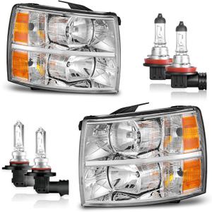 Headlights Assembly for 2007-2013 Chevy Silverado 1500 for 07-14 Silverado 2500HD 3500 Headlamp Replacement Chrome Housing Amber Reflector (turnsignal bulbs not included)