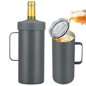 2 IN 1 Wine Chiller Single Bottle and Travel Tumbler, 42oz Stainless Steel Iceless Cooler Wine Bottle, Insulated Mug with Lid, Keep Wine Cold up to 6 Hours Fits Most Wine Bottles Gift for Wine Lovers (Grey)