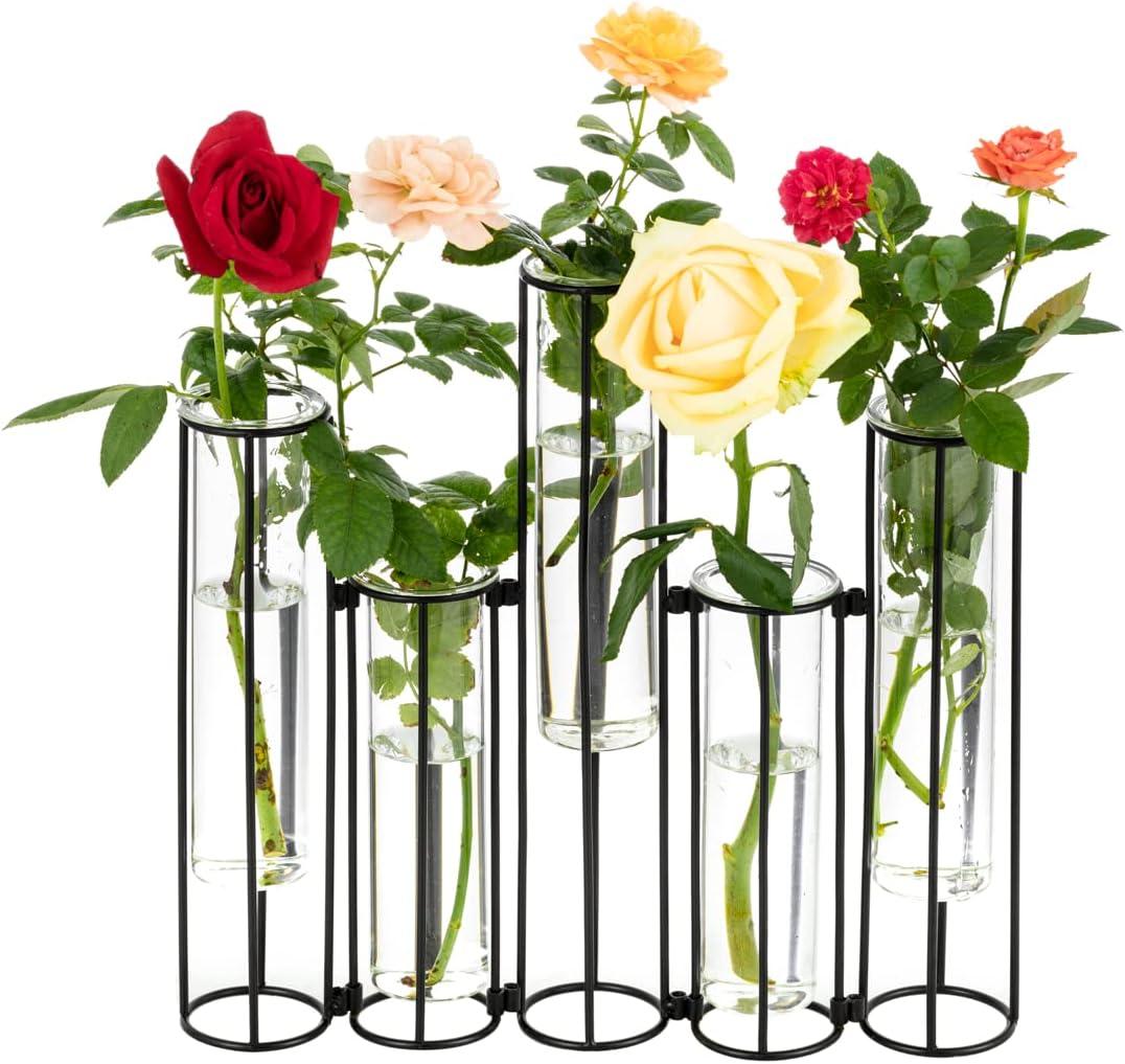 Glass Test Tubes Vase with Stand for Flowers, Black Hinged Bud Vase with Metal Stand Racks Hydroponic Set of 5, Adjustable Pipe Plant Vases Display Set for Table Centerpieces Wedding Decoration (No.01)