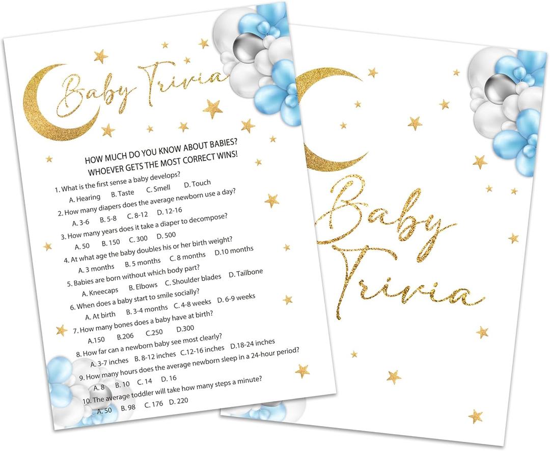 Baby Trivia Game Cards, Moon and Stars Baby Shower Games Card, Over The Moon Gender Reveal Games Set, 25 Twinkle Star Game Cards & 1 Answer Key for Baby Shower Party, 02