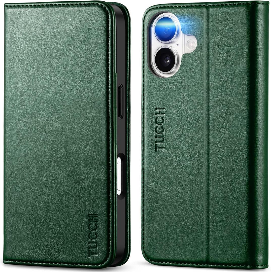 TUCCH Wallet Case for iPhone 17 (6.3") 2025, 3 Credit Card Holders, RFID Blocking, Stand, PU Leather, Shockproof TPU Interior Shell, Protective Flip Folio Cover, Midnight Green