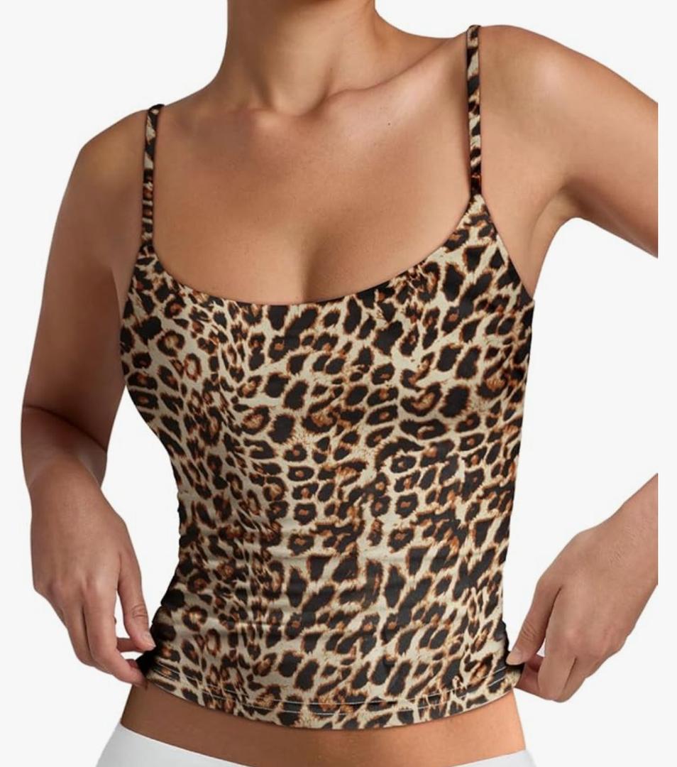 PINKMSTYLE Women's Basic Double Lined Scoop Neck Tank Tops Adjustable Cami Tank Summer Sleeveless Tops, Medium, Brown Leopard Print 