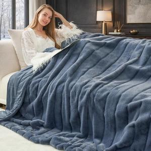 Cozy Bliss Deluxe Sheared Rabbit Faux Fur Throw Blanket, Soft Fuzzy High-Low Sculpted Plush Blanket for Couch, Cozy Home Accent, All Season Use, Blue 60"x80"