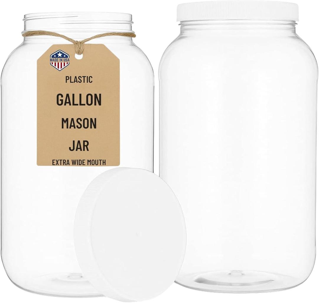 kitchentoolz 1 Gallon Large Plastic Mason Jar with Airtight Lid - Tall Storage & Pantry Container - Made in USA - Pack of 2