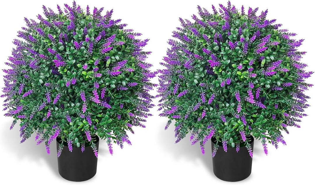 WAYNHUI Tall Artificial Lavender/Rose Topiary Ball Tree Set of 2 Pack Potted Bushes UV Resistant Potted Plants for Indoor Outdoor Home Garden (Lavender)
