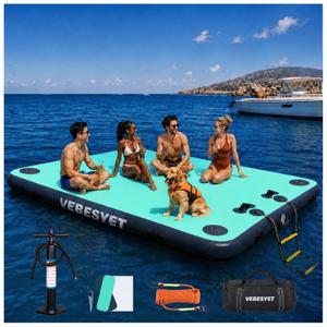 VEBESYET Inflatable Floating Dock with Soft Ladder, 6 inch Thick Non-Slip Inflatable Dock Floating Platform, Durable Drop-Stitch Inflatable Dock for Lake, Ocean, Swimming & Fishing