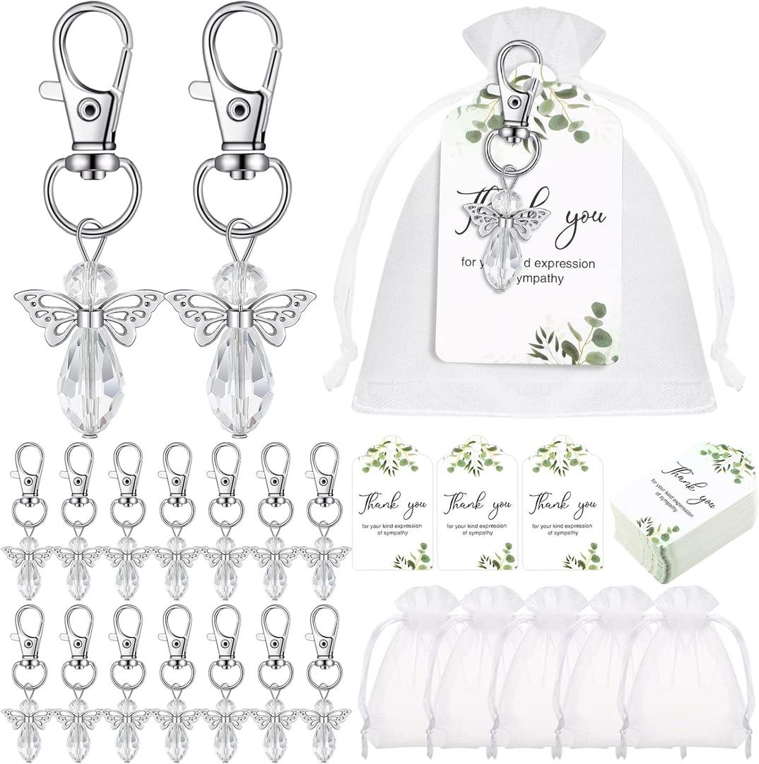 Hicarer 60 Set Funeral Favors, Celebration of Life Favors Angel Keychains Organza Bags Sympathy Thank You Tags for Memorial Party Supplies Guest Return Favors Funeral Gifts (Transparent)