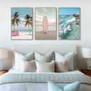 Beach Seascape Pink Surfboard Framed Canvas Wall Art Set, Palm Tree Nature Wall Decor Coastal Ocean Landscape Print for Bedroom Living Room Bathroom 3 Panels, 16x24 Inch - Ready to Hang