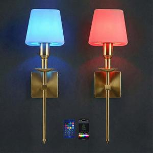 Neoglint RGB Battery Operated Wall Sconces Set of 2, Wireless LED Wall Lights Indoor with App Control, Dimmable Rechargeable Gold Wall Lamps, Music Sync, Timer for Bedroom Living Room Gaming