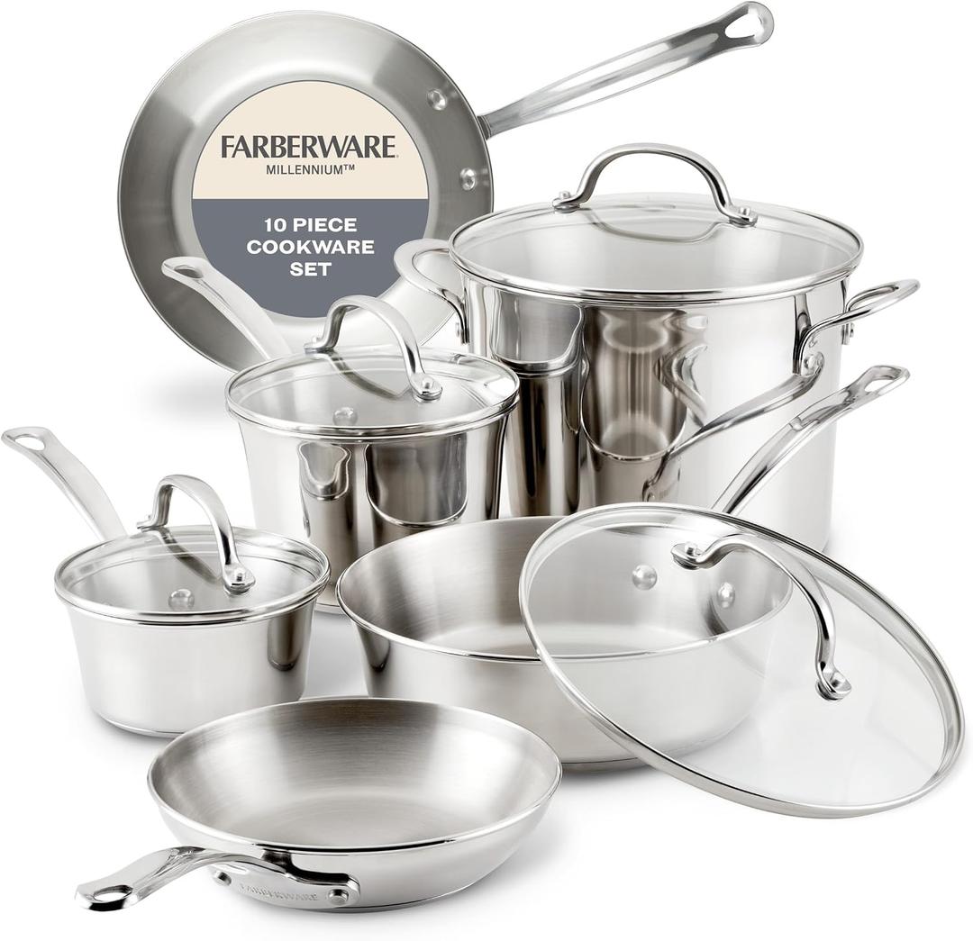 Farberware Millennium Stainless Steel Pots and Pans Set, 10-Piece, Silver