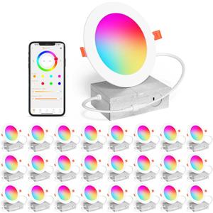 SikSog 24Pack Smart Recessed Lighting 4 Inch RGBCW Color Changing 12W LED Downlight with Junction Box,1080 Lumen Recessed Ceiling Light Compatible with Alexa,Dimmable by Bluetooth Control