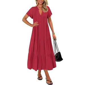 KIRUNDO Summer Maxi Dresses for Women 2025 Spring Fashion Short Sleeve Button V Neck Pleated Loose Tiered Swing Flowy Dress, Red M, 