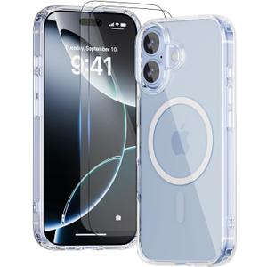for iPhone 17 Case,Compatible with MagSafe,Clear with Anti-Yellowing,with 2 Pieces Tempered Glass,Military Grade Shockproof Protective Cover, Slim Rugged Design,6.3 Inch