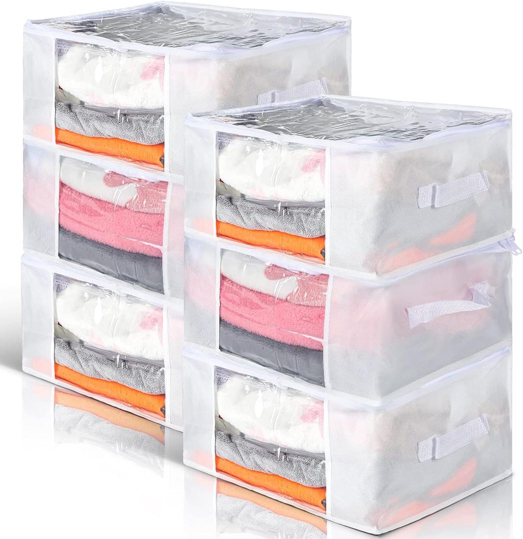 Sadnyy 6 Pcs Clear Storage Bags with Zippers Foldable Clothes Containers Case Plastic Organizer Large Sweater Storage Bins with Handles for Fabric Blanket Cloth Bedding(16 x 12 x 8 Inch, White)