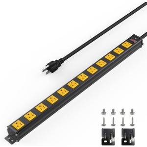 12 Outlet Wall Mount Power Strip, 1.97 Inch Wide Outlet Spacing Aluminum Alloy, 6FT 14AWG Heavy Duty Cord with Switch, 15A 1875W ETL Listed for Garage, Workbench, Multimedia Classroom