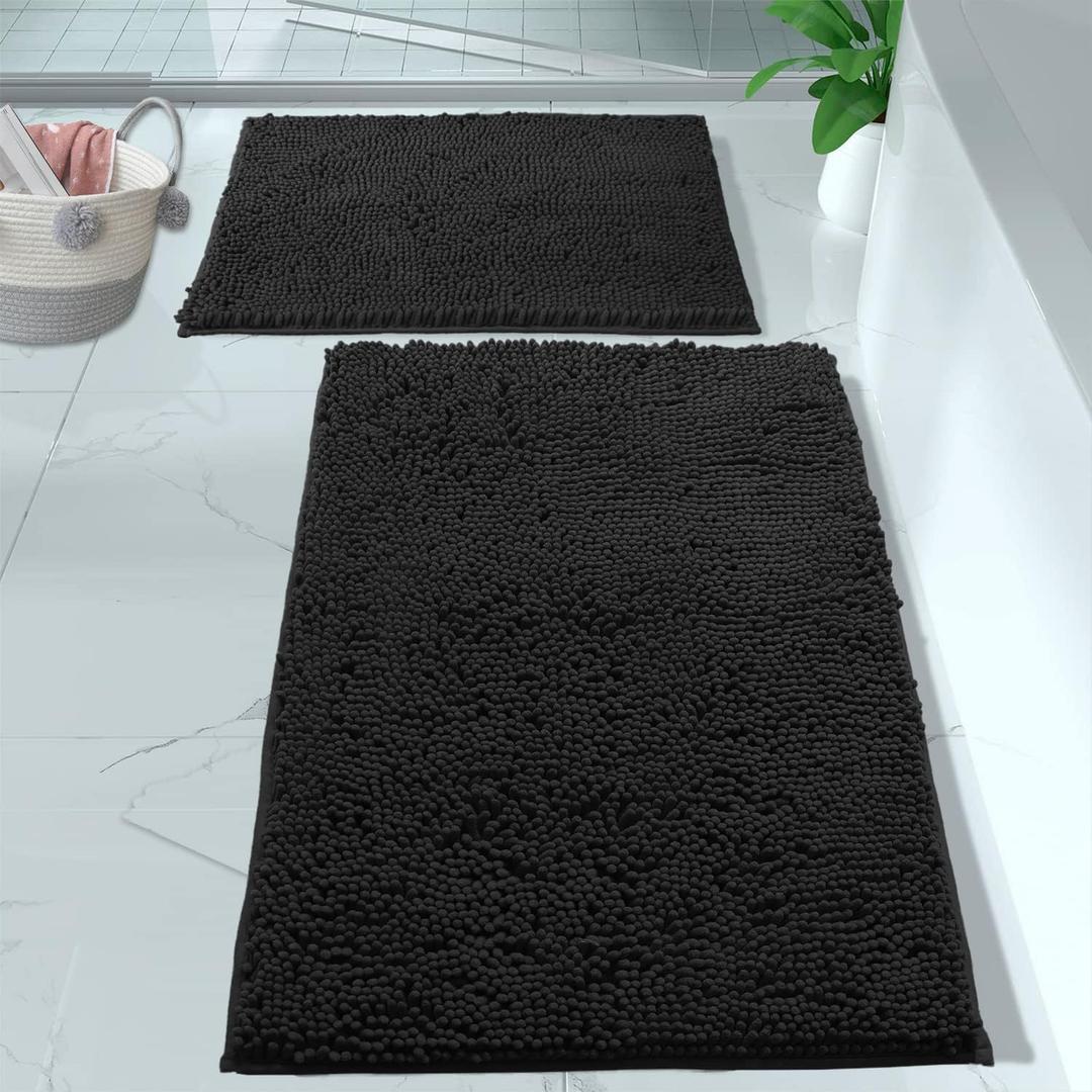 LuxUrux 2 Piece Bathroom Rug Set - Premium Plush Bath Mat Shower Rugs, 1" Chenille Microfiber, Non-Slip & Absorbent, Soft & Cozy, Durable Stylish (20x30 & 16x24 inches, Black)