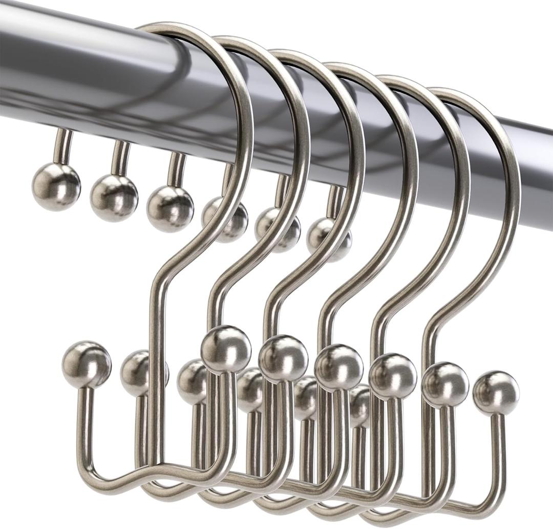 Titanker Shower Curtain Hooks Nickel, Minimalist Simple Double Glide Shower Curtain Rings, Rust Proof Metal Shower Hooks Rings for Bathroom Shower Rods Curtains, Set of 12 Hooks