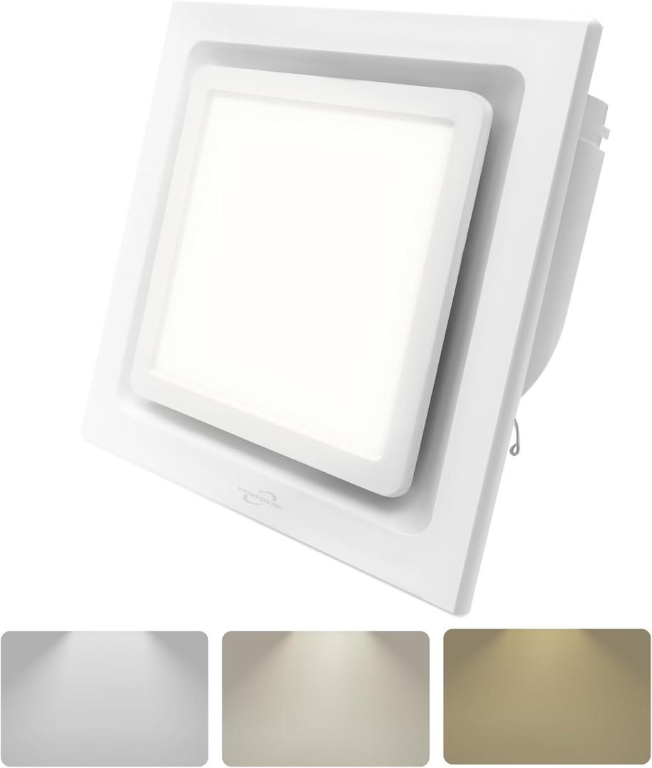 Bathroom Exhaust Fan with Light,9.8 in Panel,3000K/4500K/6000K 12W 7.5In Square LED,117 CFM,0.7 Sones 4 Inches Duct 110V,Quiet Ventilation Exhaust Fan for Shower/Home/Office(3-Colour LED)