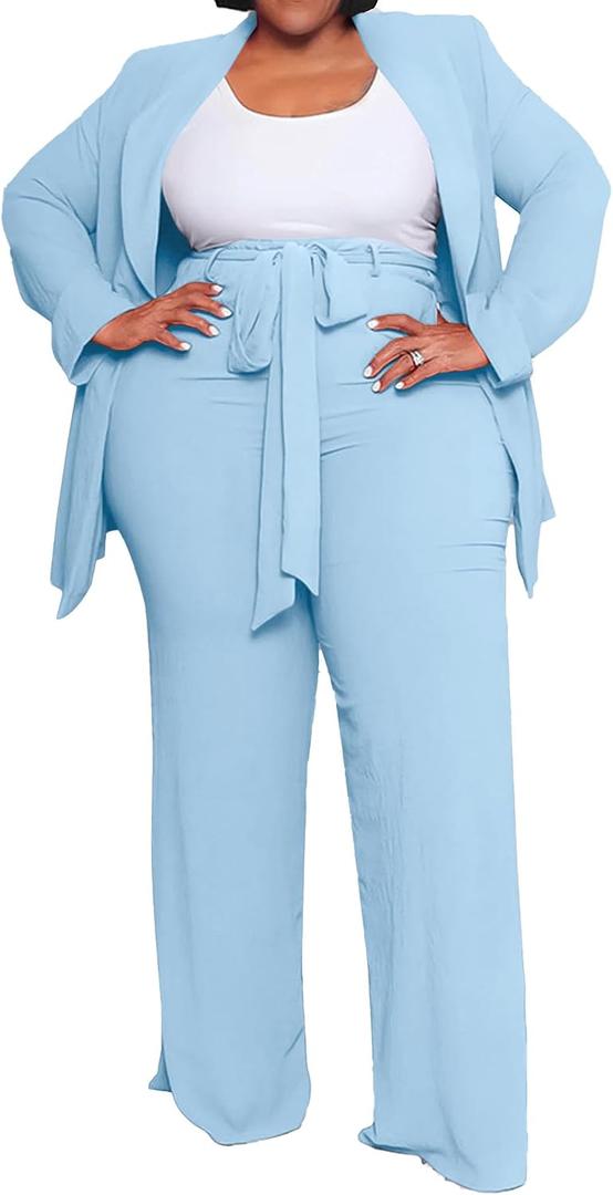 IyMoo Plus Size Suits for Women Business Open Front Long Sleeve Blazer Elastic Waist Solid Straight Leg Pant Set Suits, Light Blue, XX-Large Plus