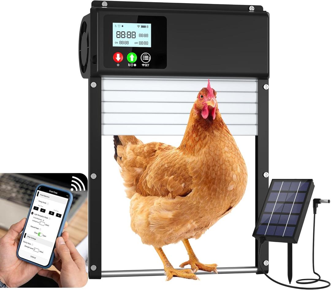 Automatic Chicken Coop Door Solar Powered, WiFi Automatic Chicken Door APP Control, Solar Chicken Coop Door Timer & Light Sensor, Auto Chicken Coop Door Opener LCD Display Aluminum Anti-Pinch Design
