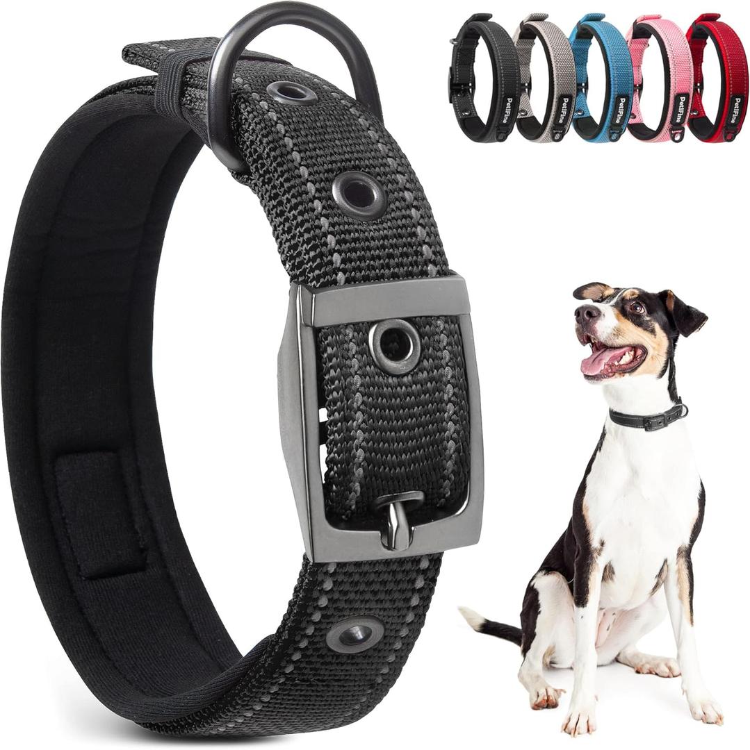 PetiFine Dog Collar for Large Dogs, Neoprene Padded and Adjustable, Reflective Wide Heavy Duty Pet Collars with Durable Metal Belt Buckle for Walking, Black, L (Large (19"-23"))