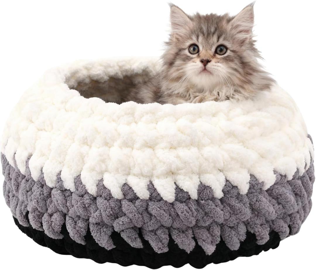 Handwoven Soft Cat Cave Bed, Indoor Cat Beds with Washable Round Nest, Kitten House & Cat Furniture, White & Gray