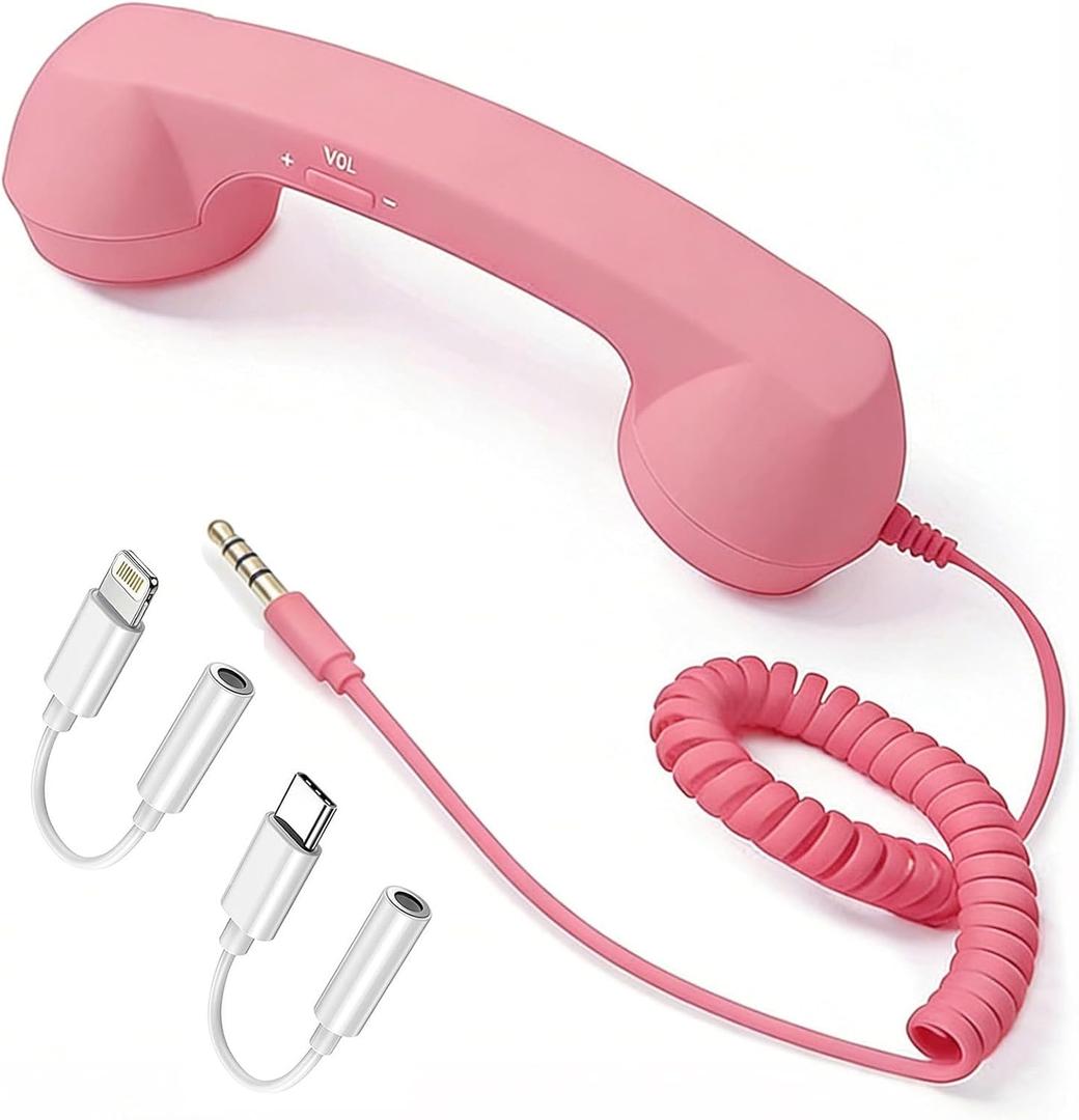 Retro Phone Handset for Cell Phone Wired Vintage Telephone Receiver with 3.5mm Jack, Includes USB-C & Lightning Adapters, Built-in Microphone & Speaker, Fun Desk Accessory (Pink)