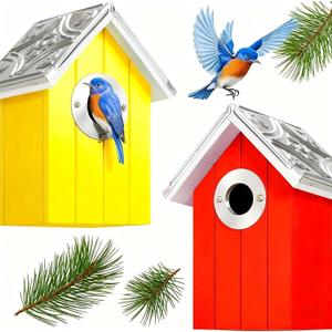 2PK Cedar Bluebird House, Wooden Bird House for Outside, 1.5" Entrance Hole Size, Stainless Steel Entrance Hole Protector, Silver Metal Roof, Colorful Garden Decorative, Pole Mountable (Yellow+Red)