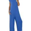 Nfsion Women's Summer Casual Round Neck Loose Cap Sleeve Long Pants Vacation Jumpsuit Romper with Pockets Medium Blue