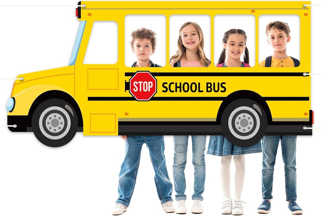 School Bus Photo Prop Selfie Frame Back to School Backdrop Party Decoration First Day of School Photo Booth Welcome Party Banner Supplies for Students Teacher Birthday Yellow Bus Party Sign