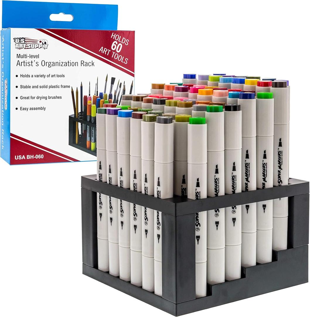 U.S. Art Supply 60 Slot Marker Organizer & Paint Brush Holder  Multi-Level Marker Storage, Pens, Brushes, Colored Pencils